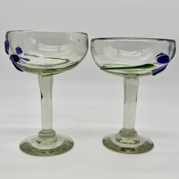 Handblown Margarita Glasses Cobalt Blue and Green Swirls Made in Mexico Set of 2 - Picture 11 of 14